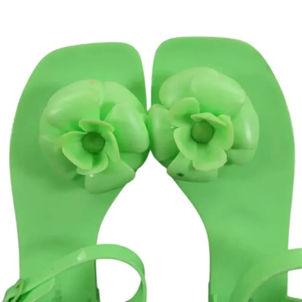 Jeffrey Campbell Shoes Womens 6 Sandal Jelly Flat Flower Thong Ankle Strap Green